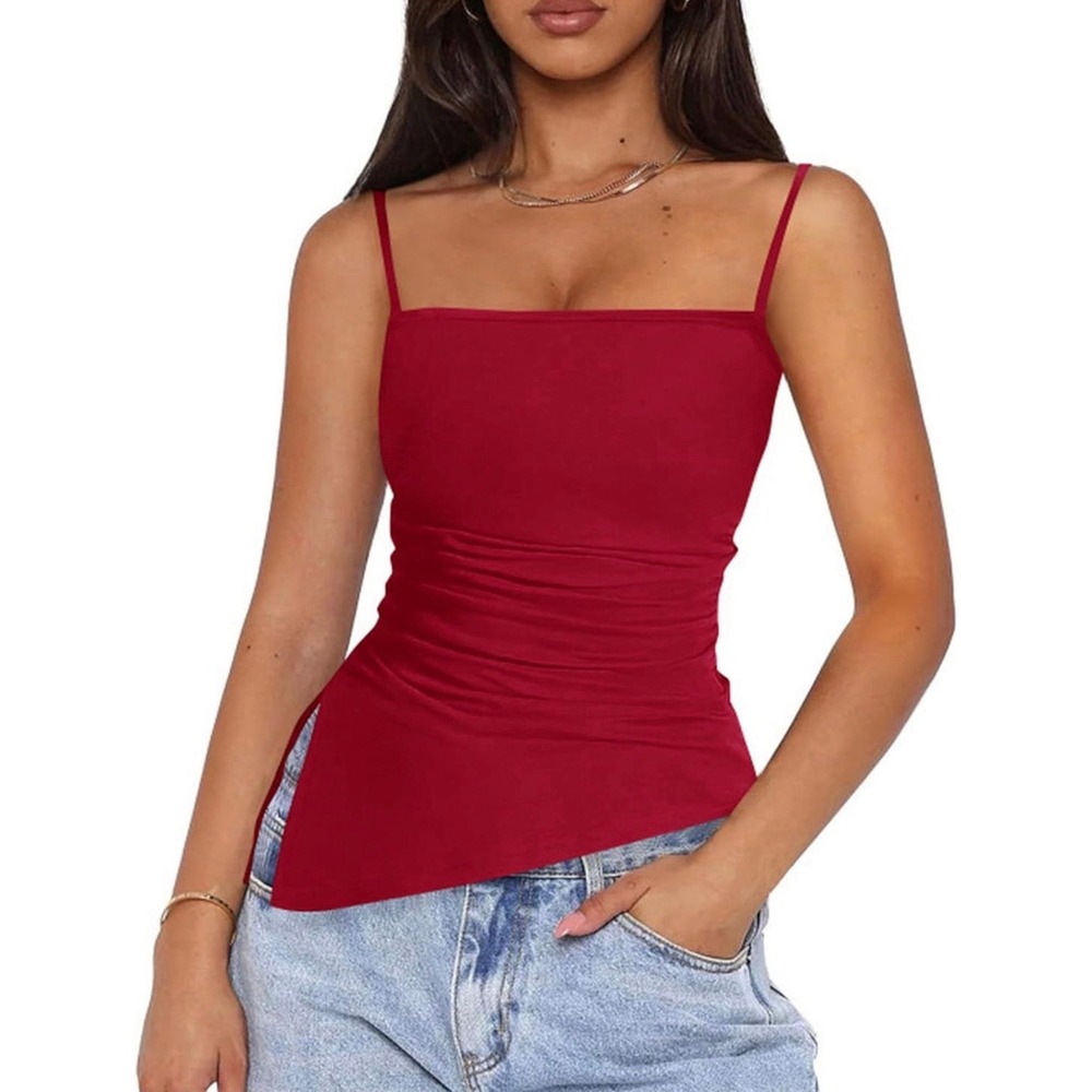 NWT PRETTYGARDEN Womens Red Asymmetrical Spaghetti Strap Ruched Tank Top XXL